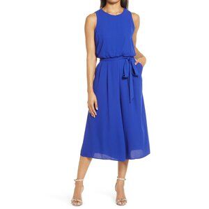 VINCE CAMUTO (Size 14) Blue Sleeveless Blouson Cropped Belted Jumpsuit Gaucho